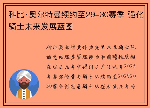 科比·奥尔特曼续约至29-30赛季 强化骑士未来发展蓝图